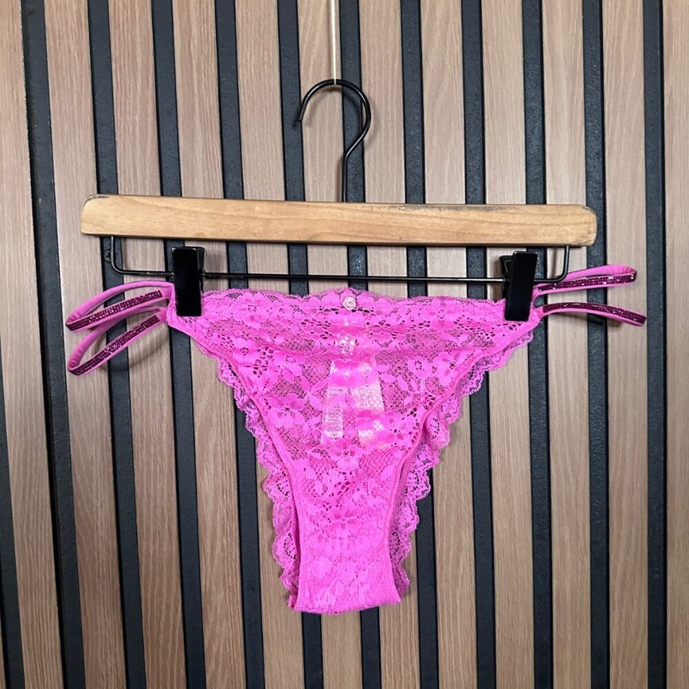New Victorias Secret Panties Large Pink Lace 2 Strap Rhinestone Brazilian Slip